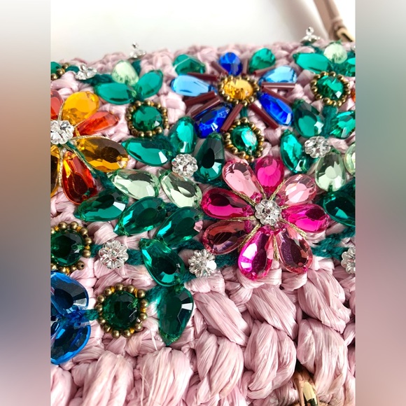 DOLCE & GABBANA MISS DOLCE PINK RAFFIA CRYSTAL LEATHER HANDBAG - Picture 11 of 14